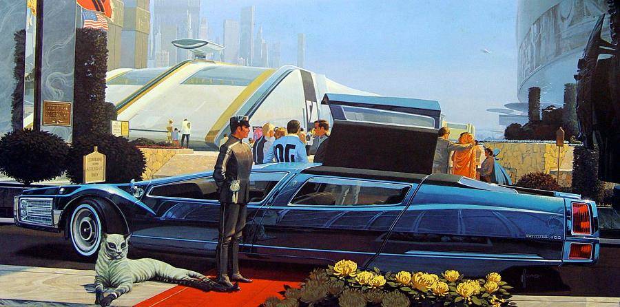 Uma limousune estilizado com elementos retrofuturistas